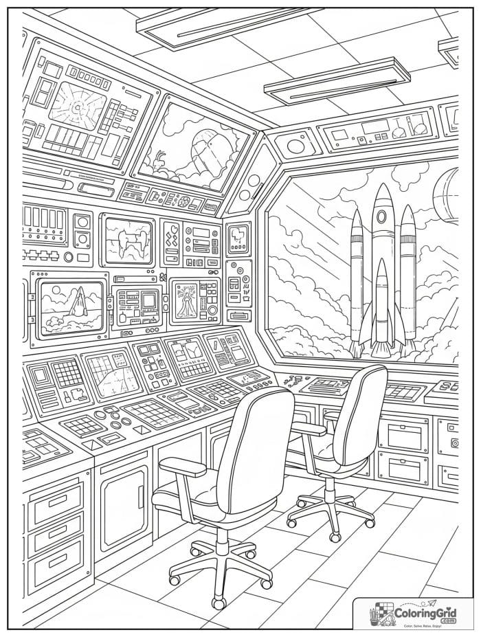 Rocket launch control room with screens and a rocket view.