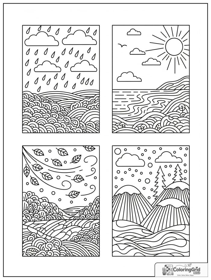 Weather Coloring Pages for Seasons featuring detailed seasonal landscape panels.
