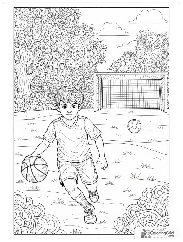 Detailed sports scene with basketball and soccer elements.