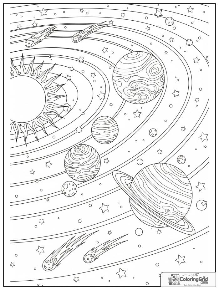 Detailed solar system with visible orbits and stars.