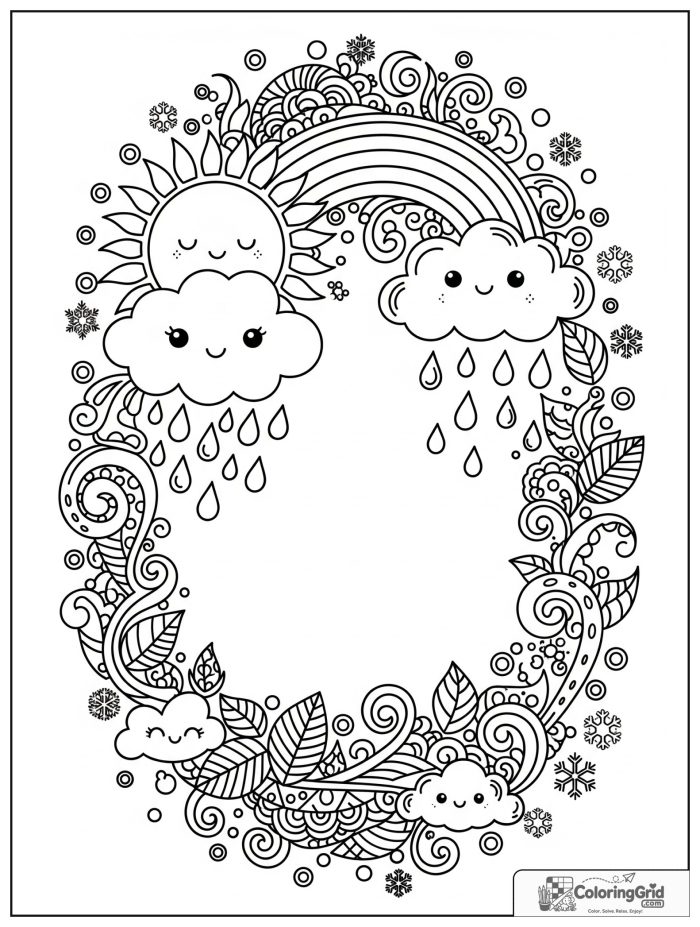 Weather Coloring Pages for Seasons showing a detailed weather friends border.