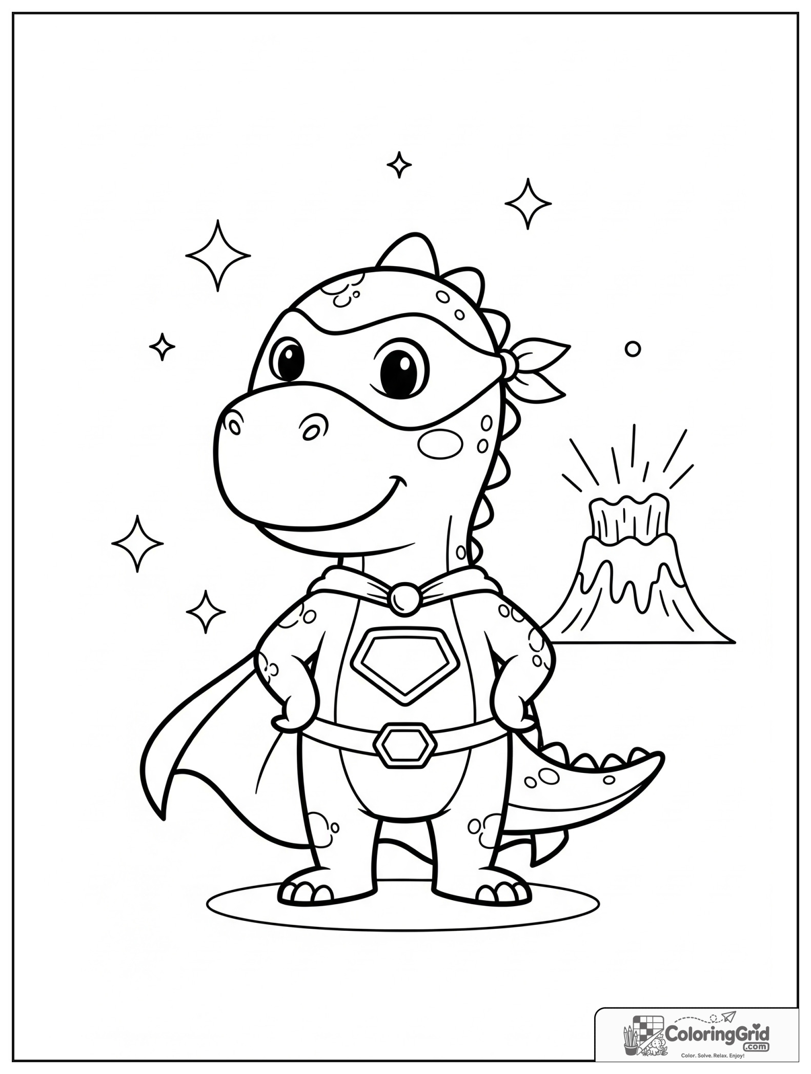 Cute dinosaur superhero standing proudly with small star details in the background.