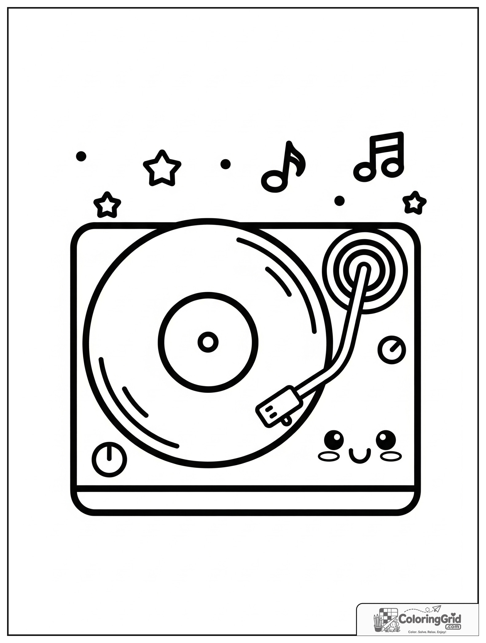 Cute smiling turntable with small star and music note decorations.