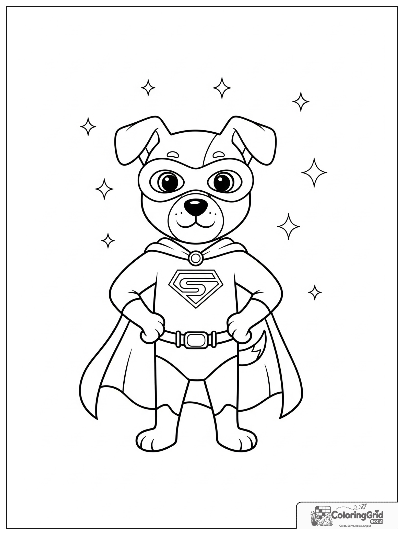 Cute dog superhero standing proudly with small sparkles in the background.