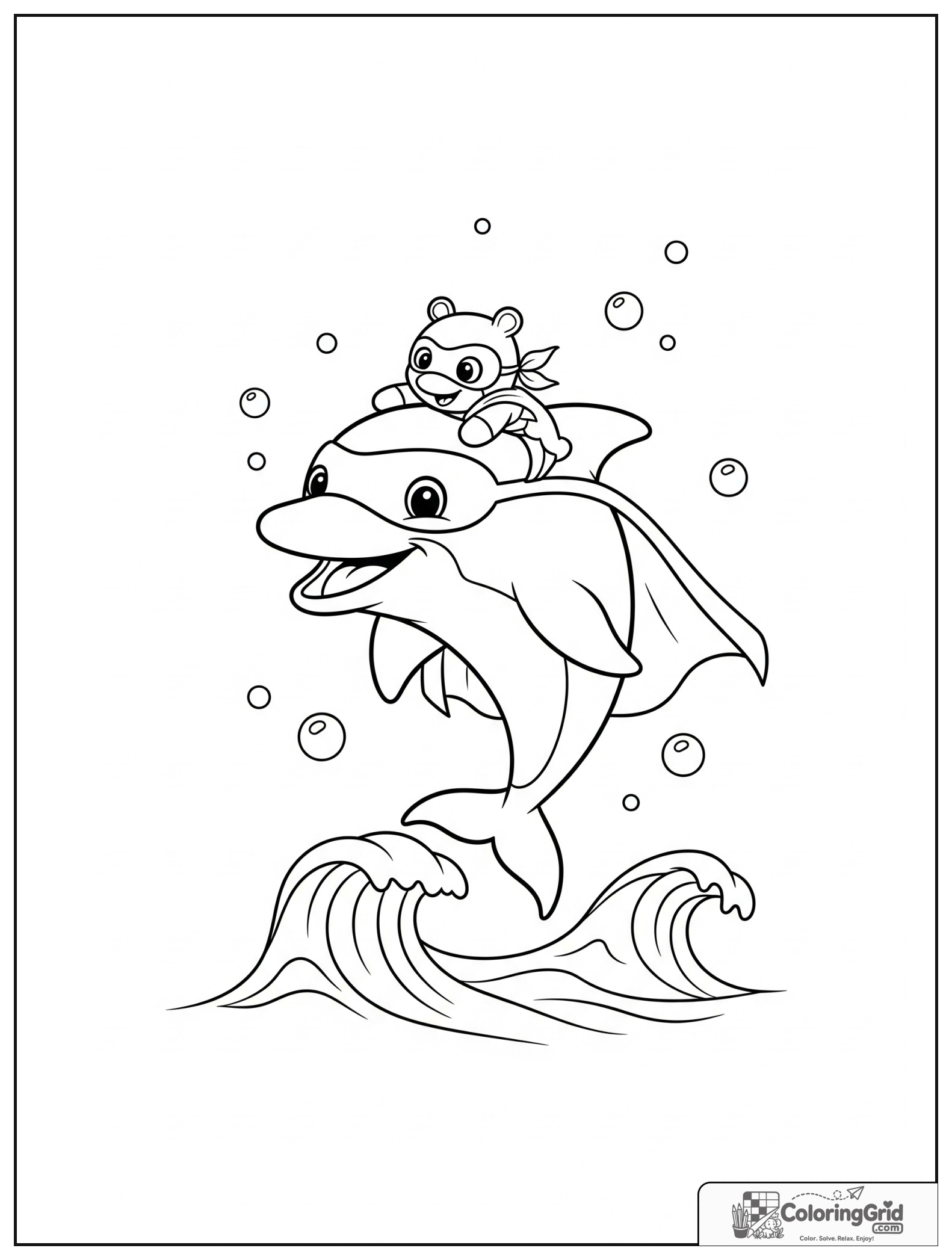 Cute dolphin superhero jumping above a wave with small bubble details.