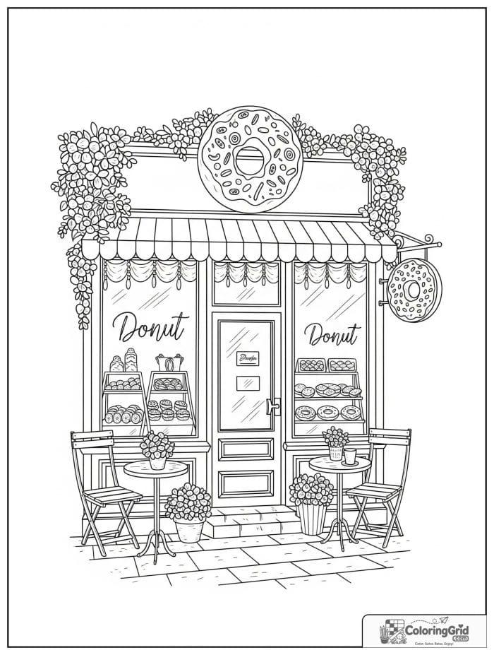 Donut bakery storefront for Donut Coloring Pages
