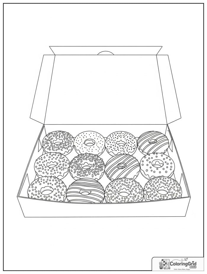 Box of assorted donuts for Donut Coloring Pages