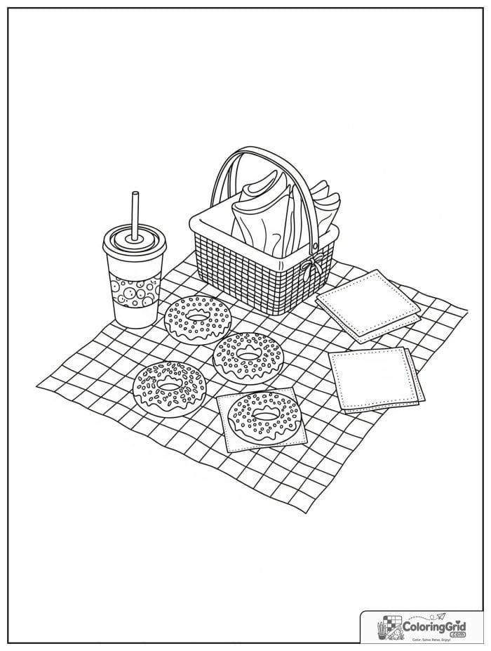 Donut picnic scene for Donut Coloring Pages