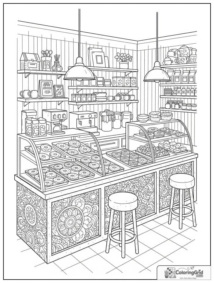 Donut shop interior for Donut Coloring Pages