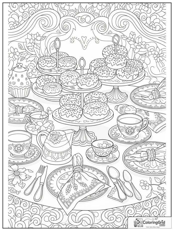 Donut tea party for Donut Coloring Pages