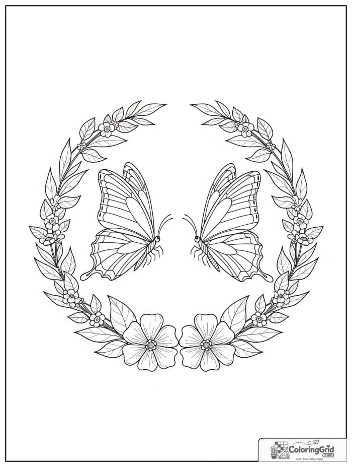 Butterfly Mandala Coloring Pages with two butterflies in a garden wreath.
