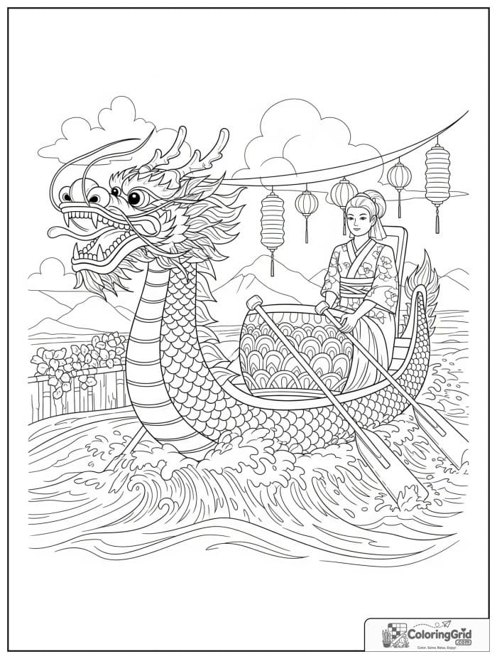 Boat coloring page featuring a dragon boat race scene.