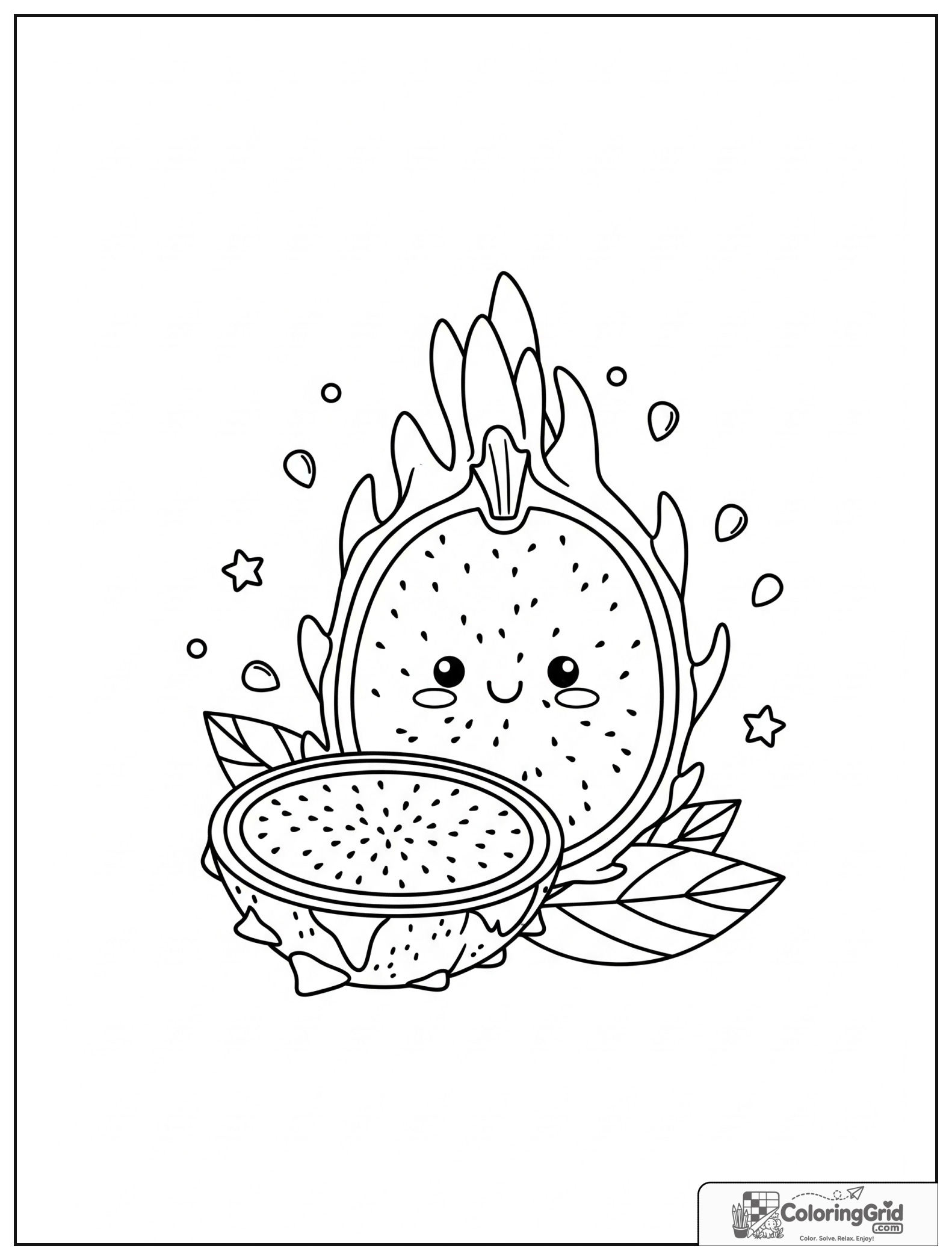 Cute dragon fruit cut open with small star and seed decorations.