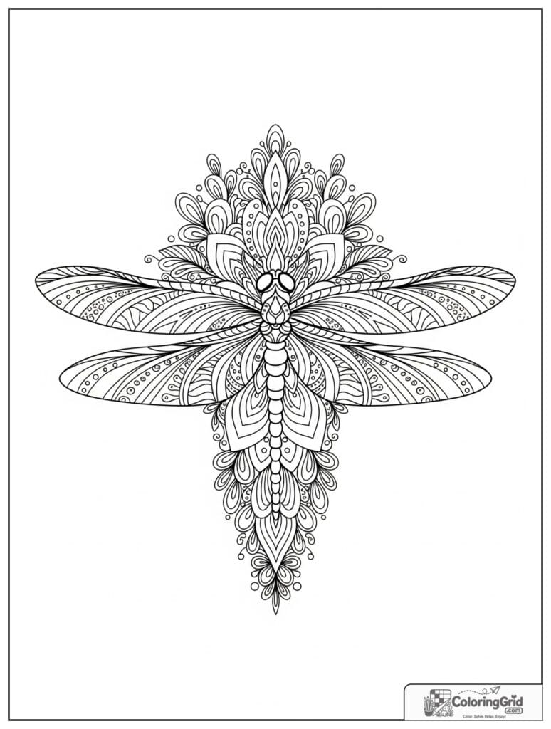 Dragonfly sacred geometry mandala with zentangle wing arcs