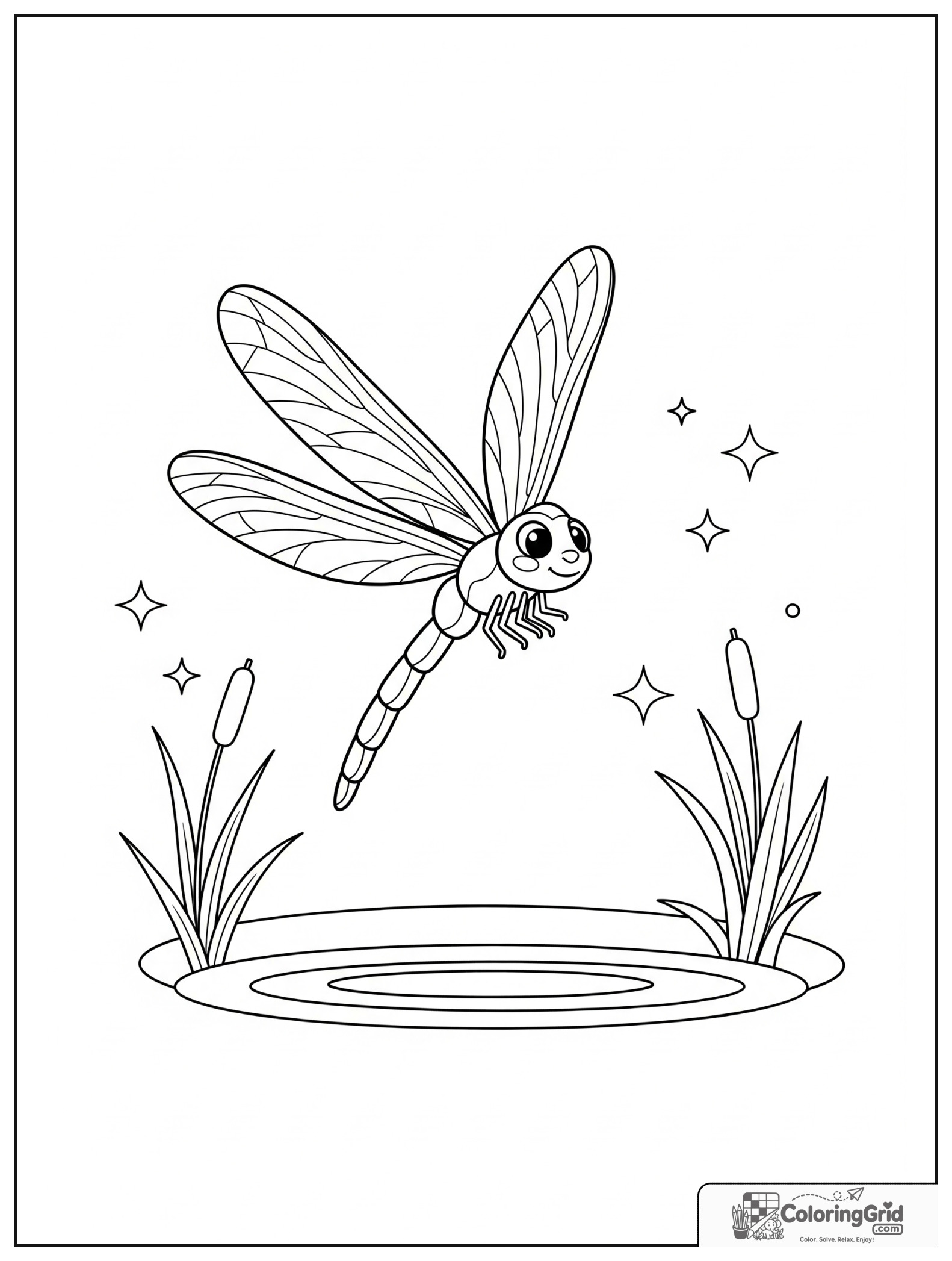 Cute dragonfly over a pond with small reed and sparkle decorations.