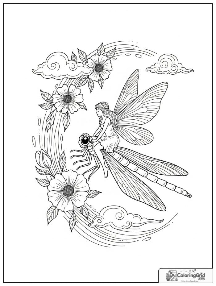 Fairy coloring page featuring a fairy riding a dragonfly.