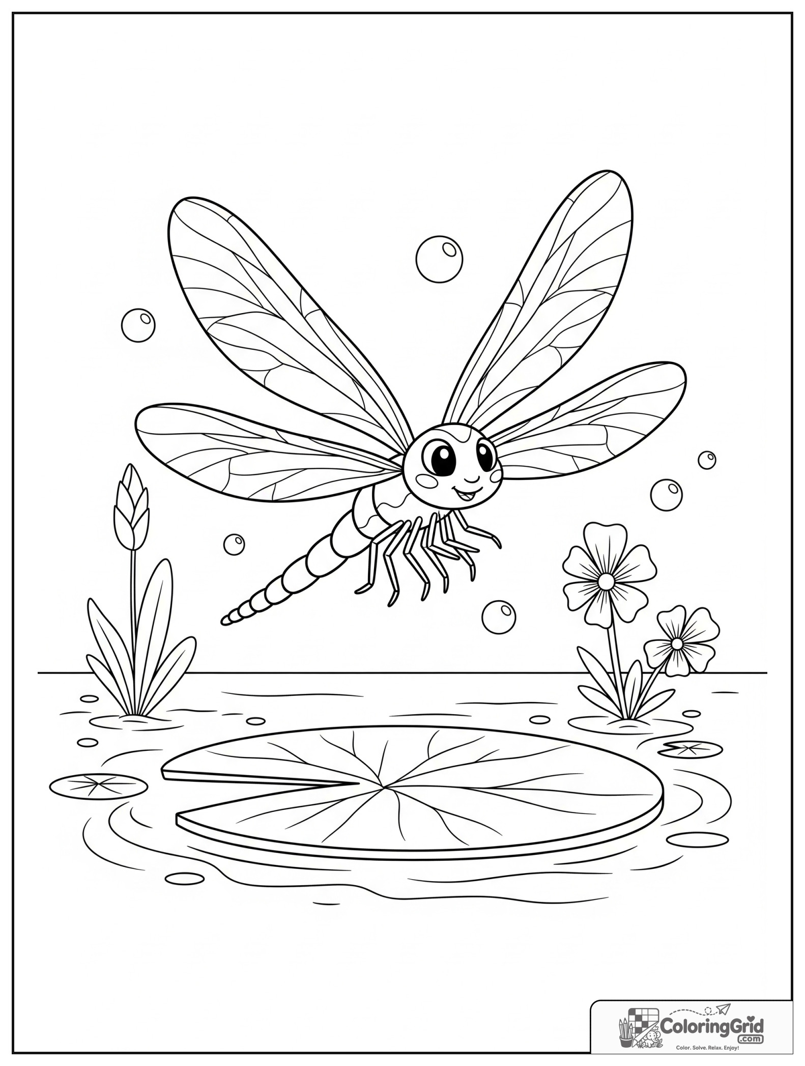 Cute dragonfly with a lilypad and small bubble decorations.