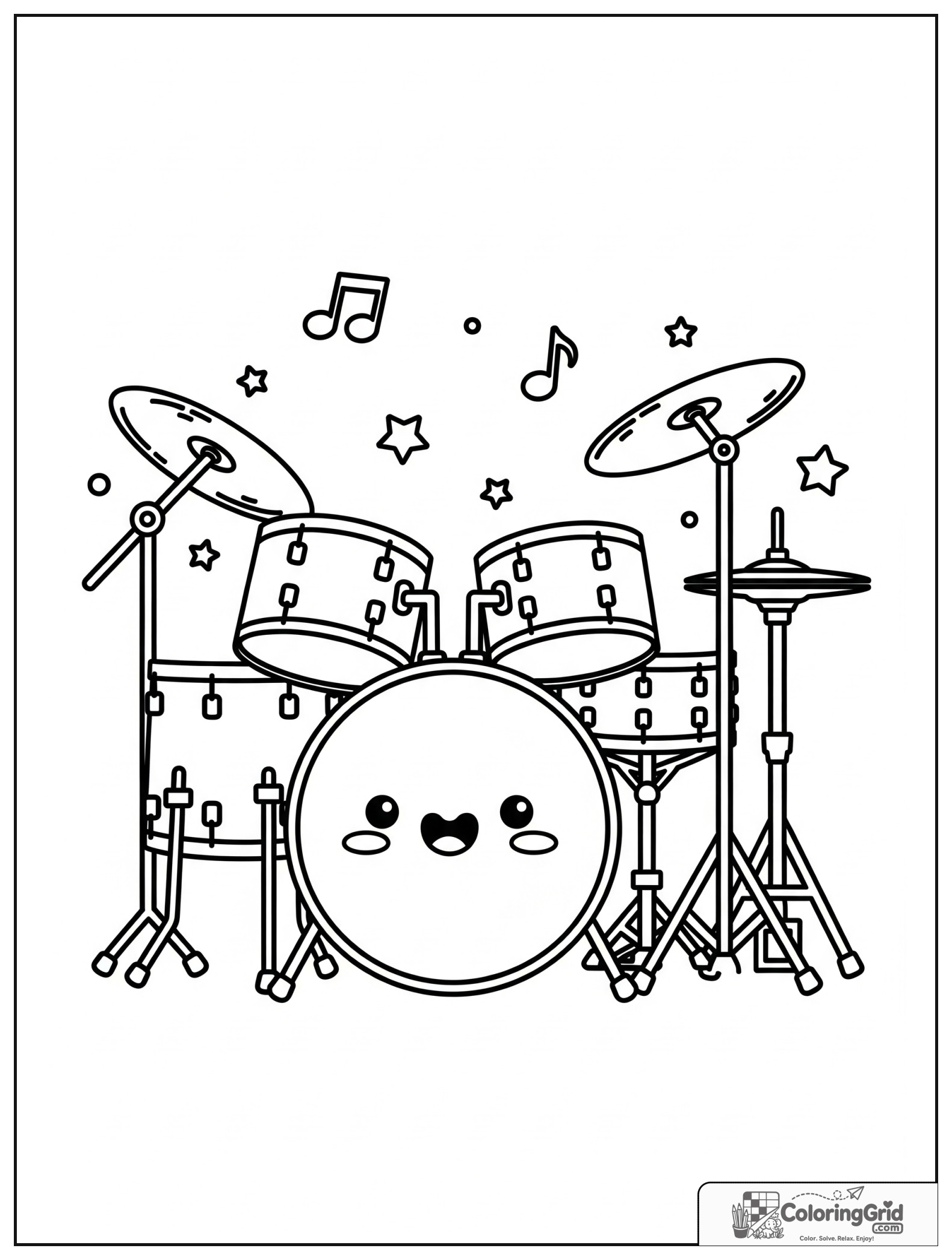 Cute smiling drum set with small star and music note decorations.