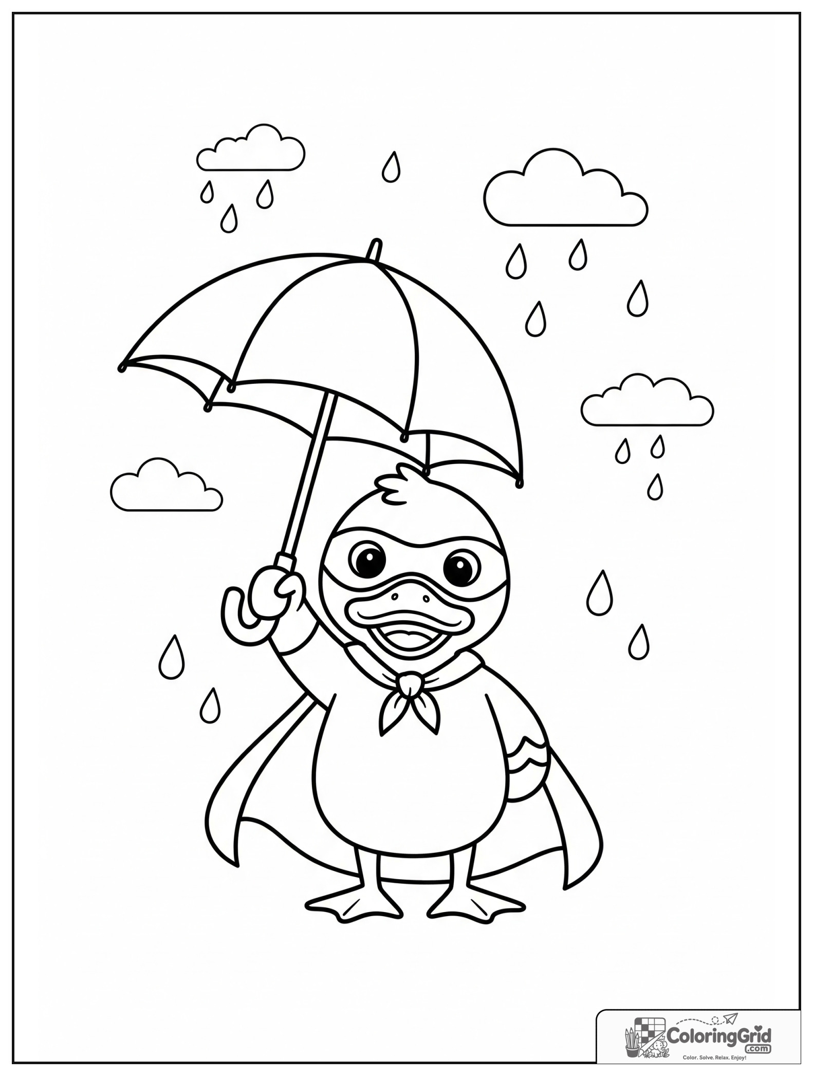 Cute duck superhero with an umbrella and small raindrop details in the background.