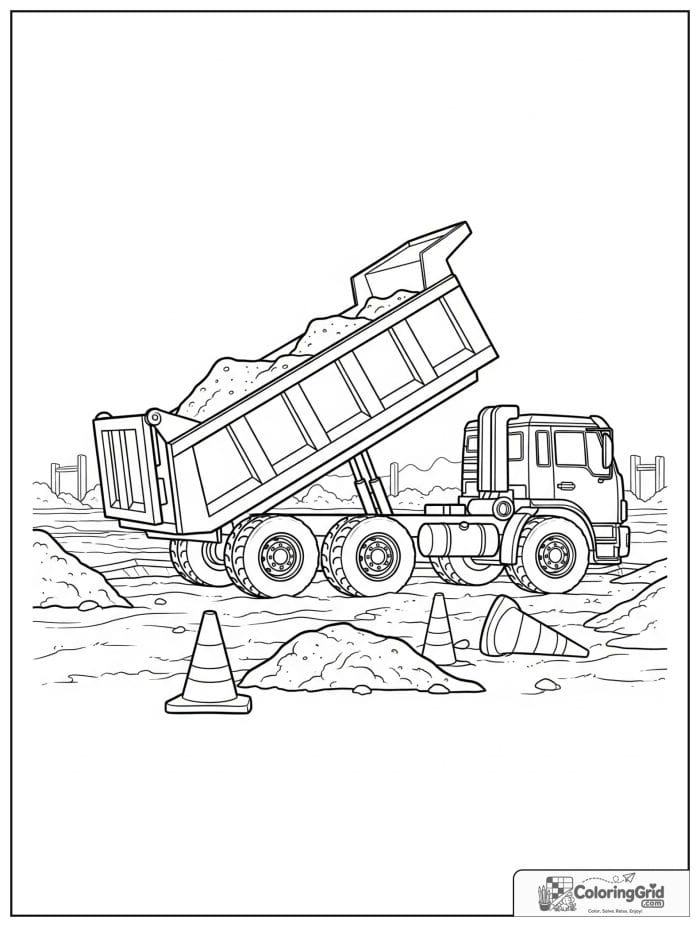 Truck coloring page featuring a dump truck at a construction site.
