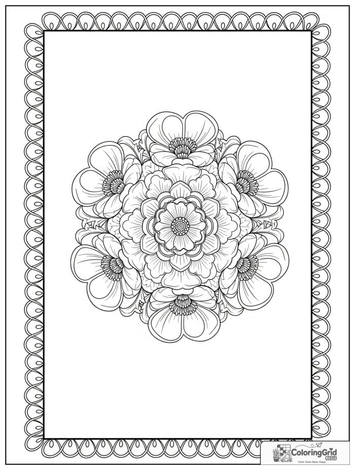 Easy mandala coloring page featuring buttercup flower shapes.