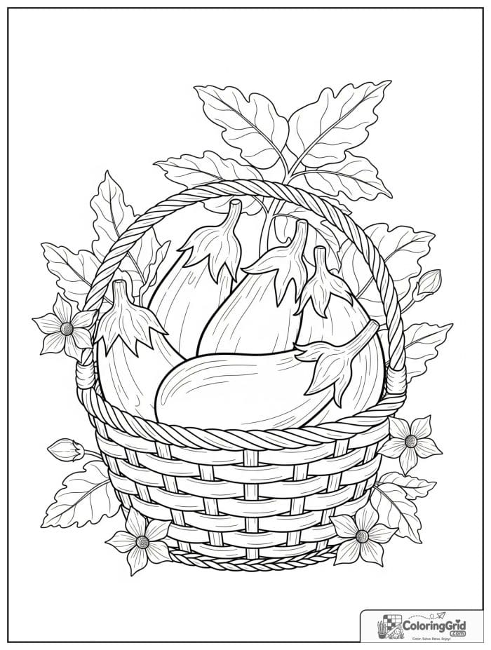 Vegetable coloring page featuring a basket of eggplants.