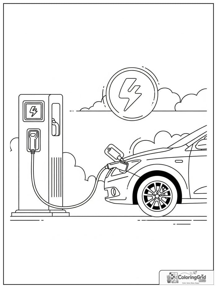 Electric car charging station in black and white line art