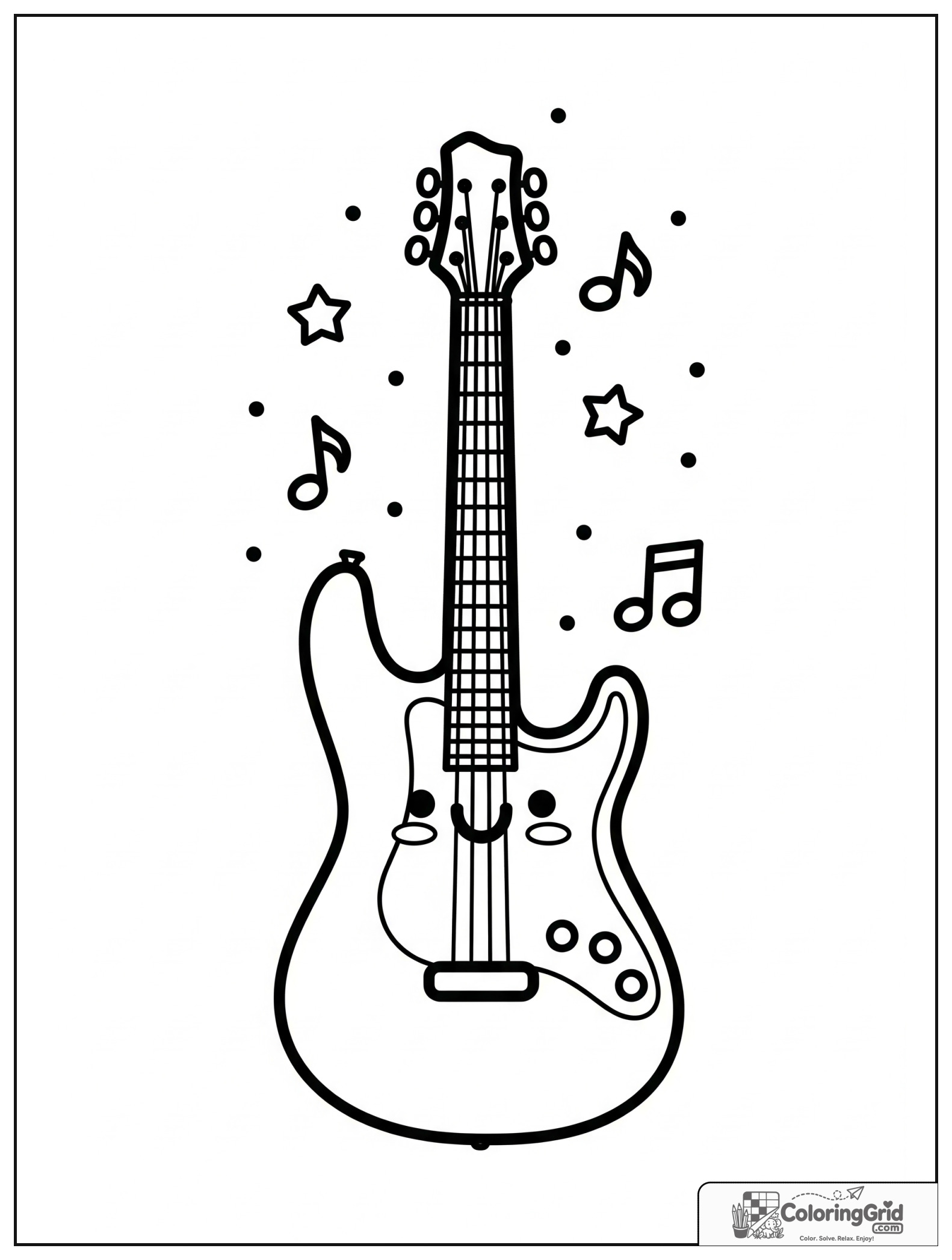 Cute smiling electric guitar with small star and music note decorations.