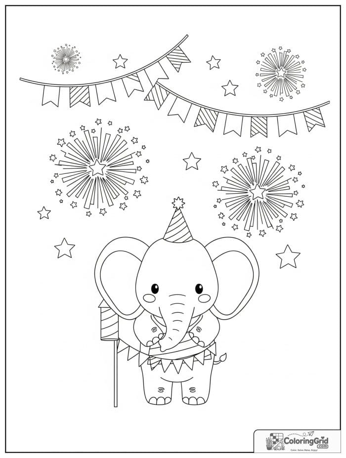 Cute elephant at a fireworks party.
