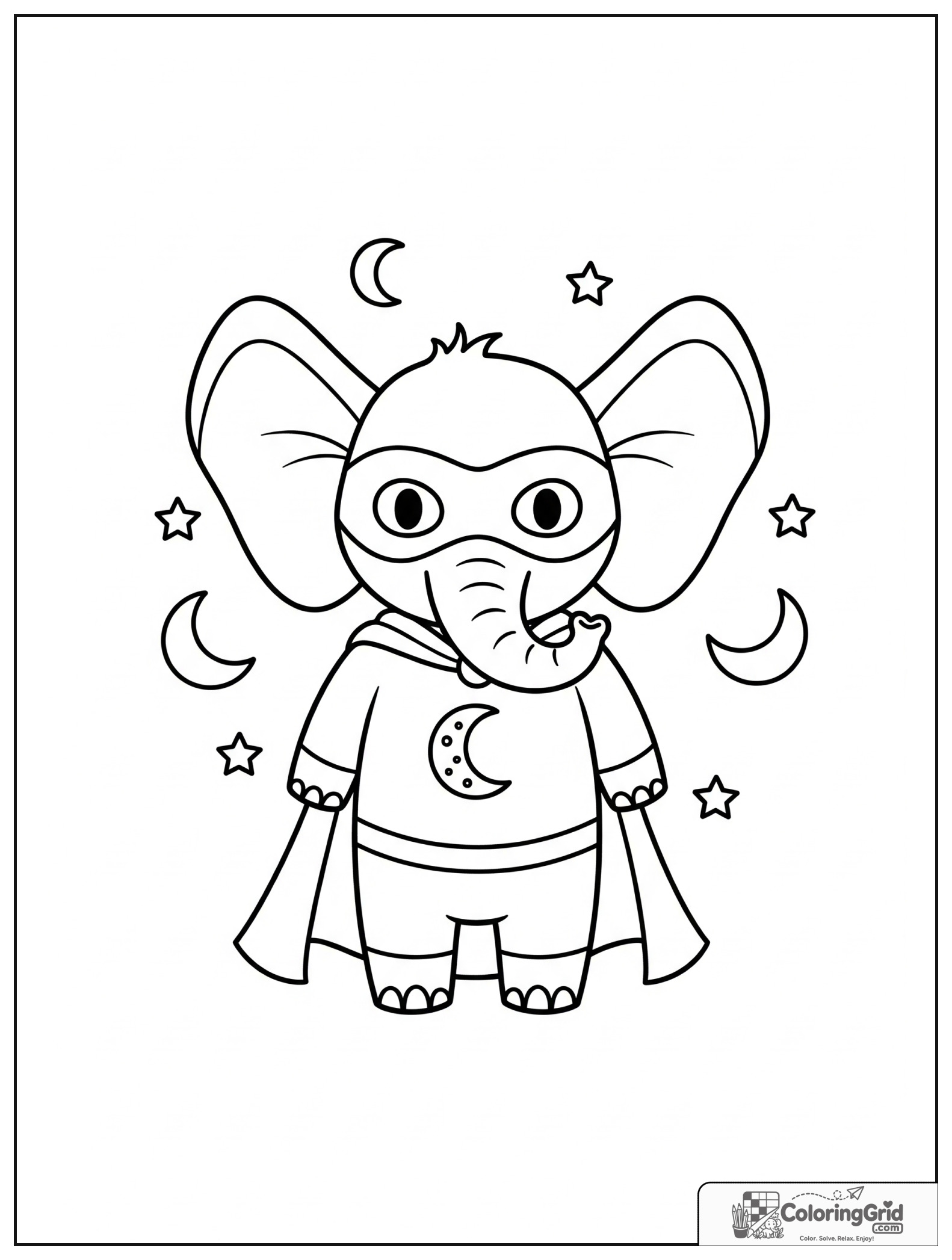 Cute elephant superhero with a moon emblem and small moon details in the background.
