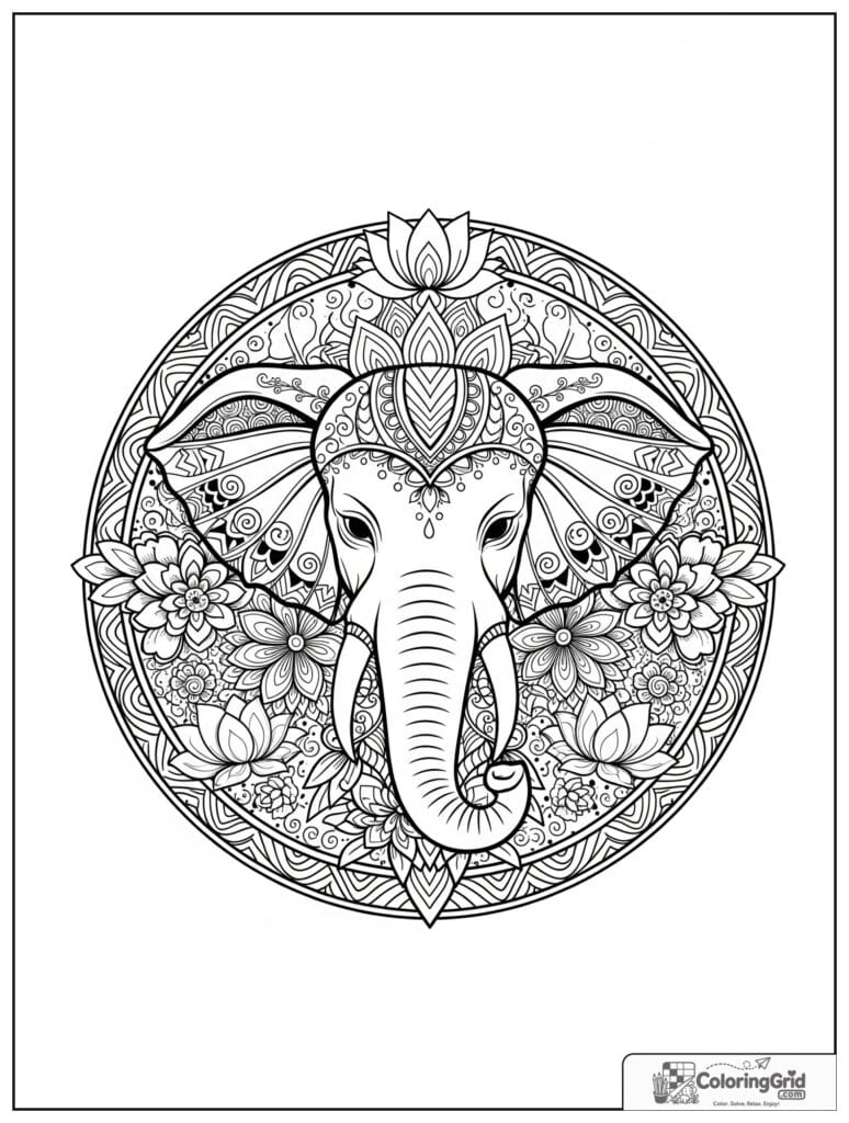 Elephant sacred geometry mandala with zentangle floral doodles