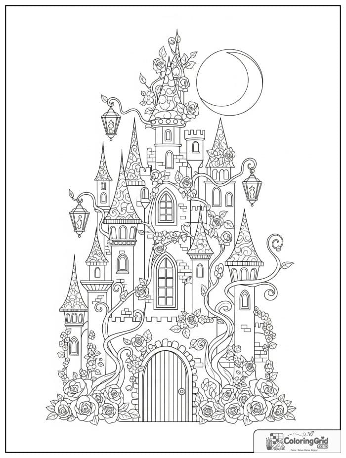 Castle coloring page featuring an enchanted castle with vines and roses.