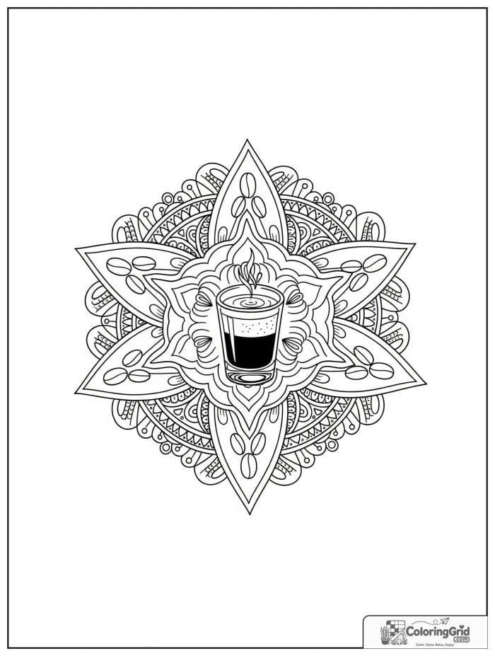 Espresso shot starburst mandala with bean arcs and rings.