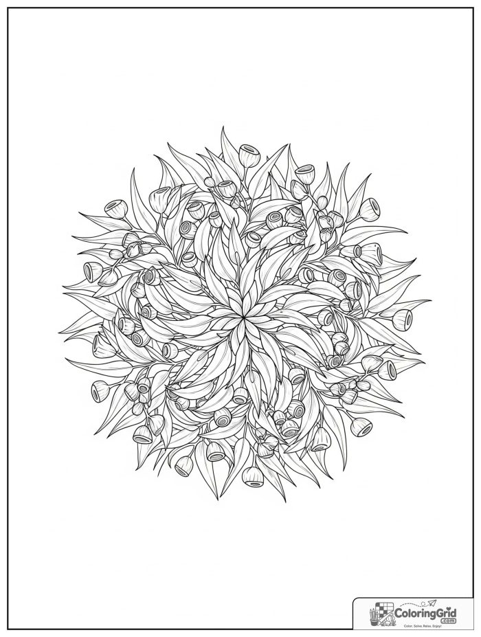 Relaxing eucalyptus mandala with rounded leaves and seed pods.