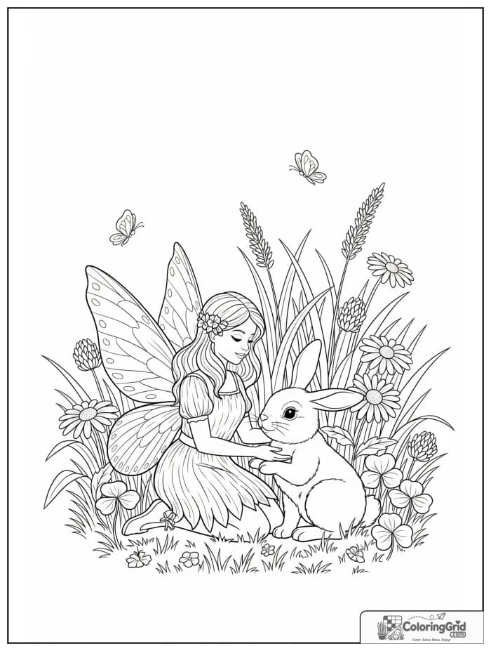 Fairy coloring page featuring a fairy with a bunny friend.