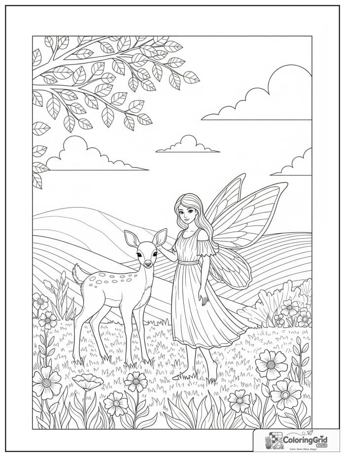 Fairy coloring page featuring a fairy standing beside a deer.