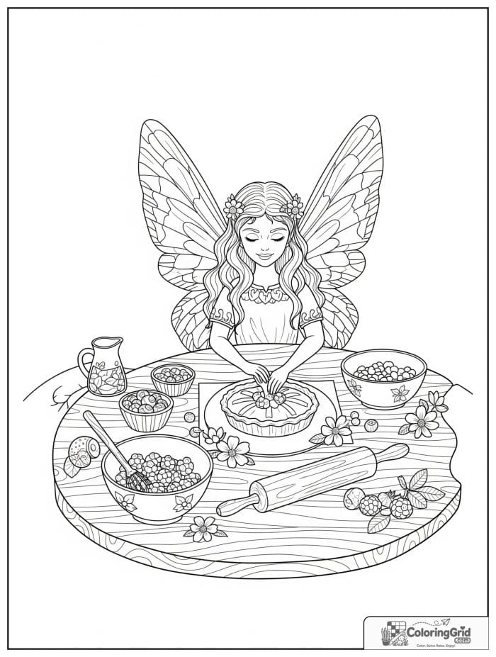 Fairy coloring page featuring a fairy baking berry pies.