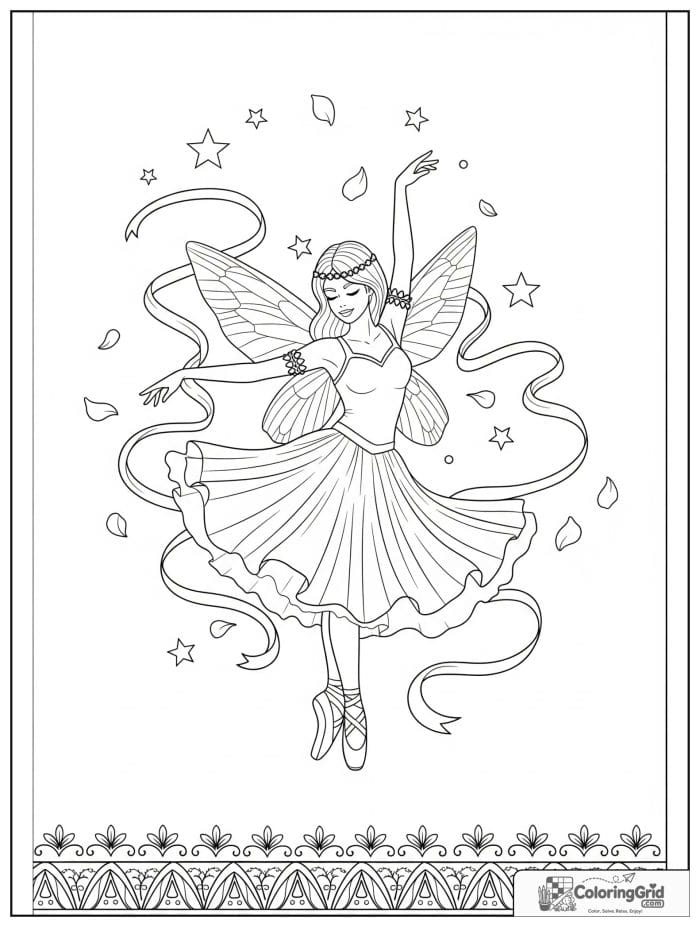 Fairy coloring page featuring a fairy in a ballet pose.