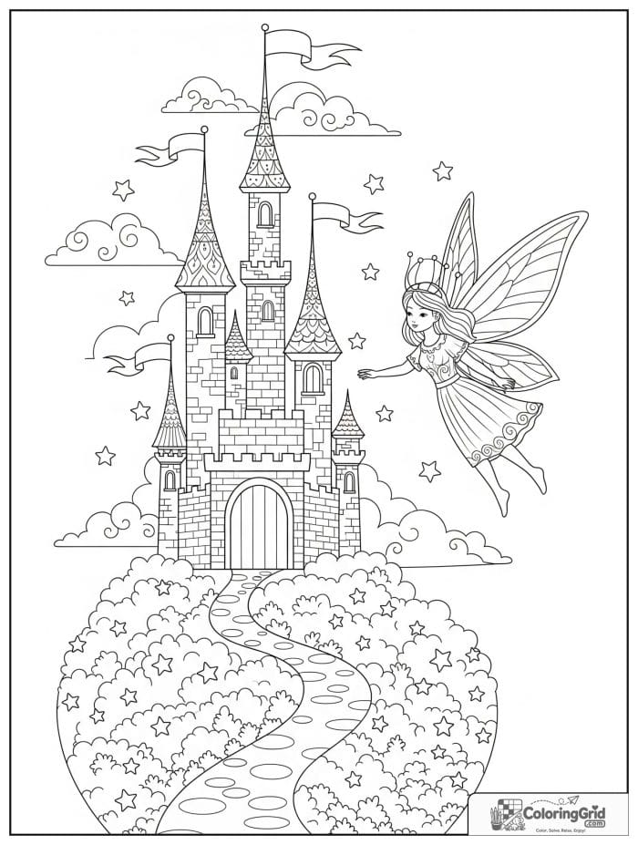 Fairy coloring page featuring a fairy flying near a castle.