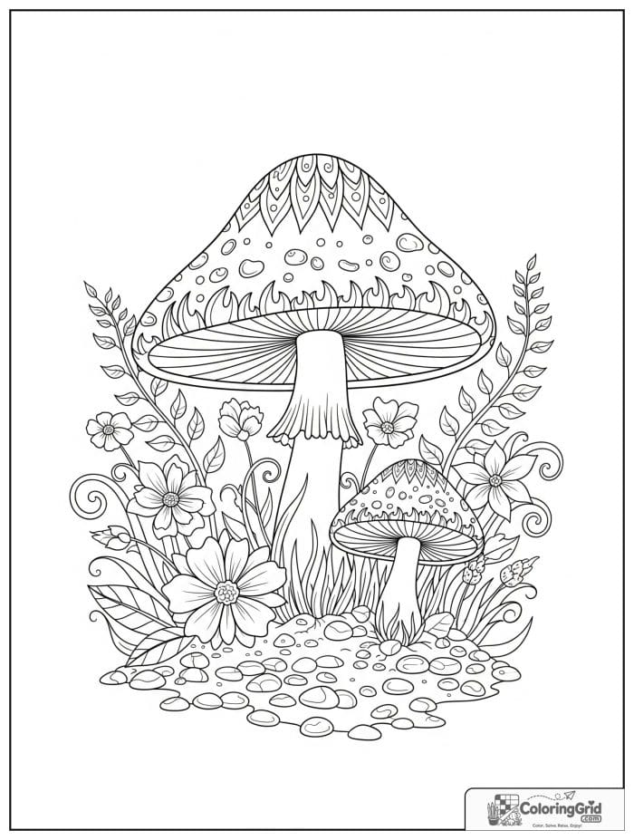 Fairy garden mushroom scene in black and white