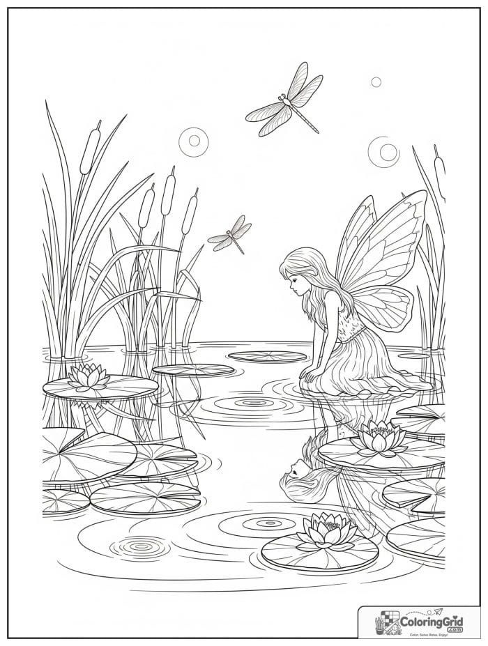 Fairy coloring page featuring a fairy beside a mirror-like pond.