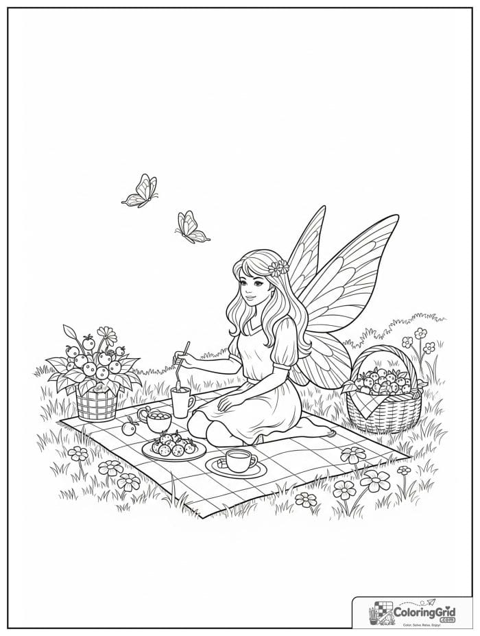 Fairy coloring page featuring a fairy having a picnic in a meadow.
