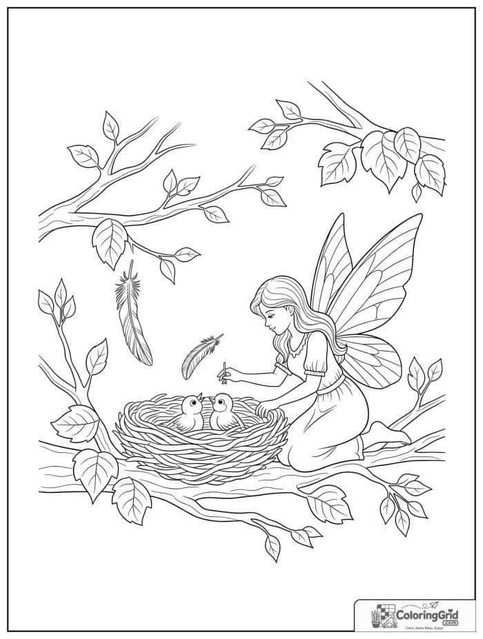 Fairy coloring page featuring a fairy caring for baby birds.