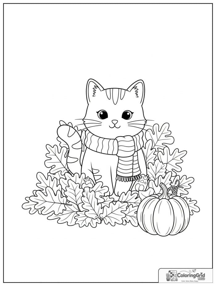 Fall Coloring Pages featuring a cat in a scarf.