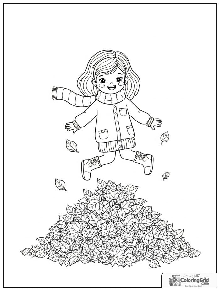 Fall Coloring Pages showing a girl jumping in a leaf pile.