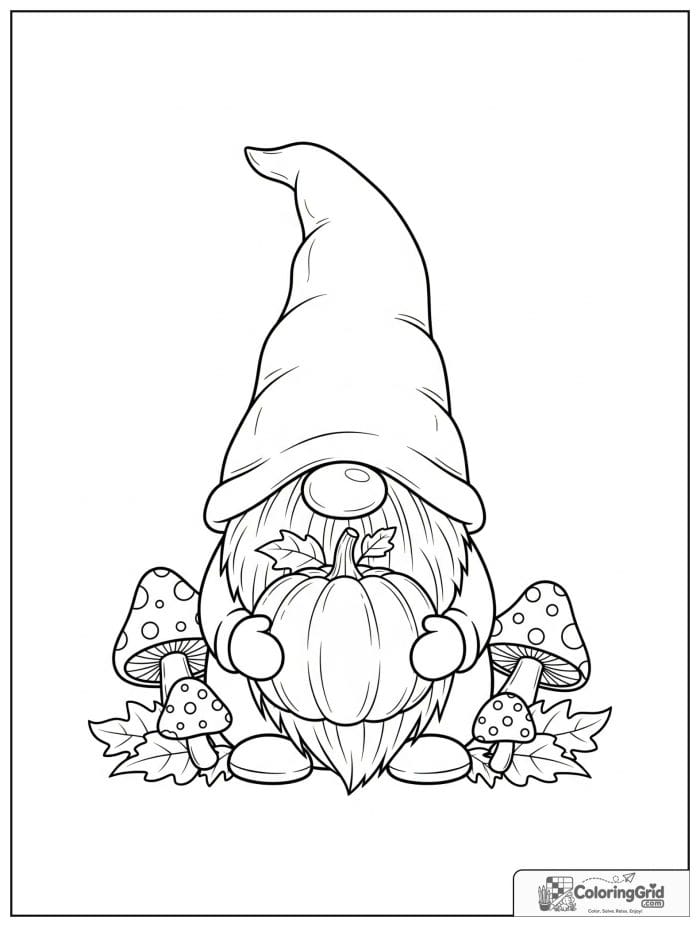 Fall Coloring Pages showing a fall gnome with a pumpkin.