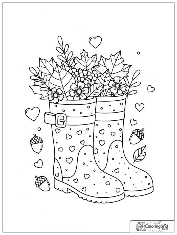 Fall Coloring Pages featuring rain boots filled with leaves.