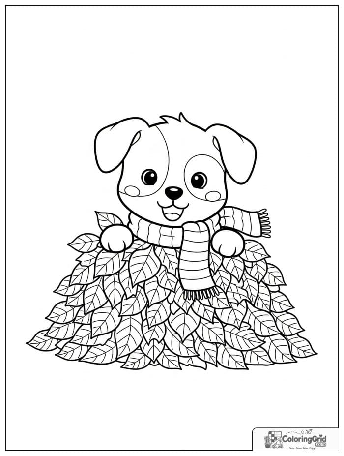 Fall Coloring Pages showing a puppy in a leaf pile.