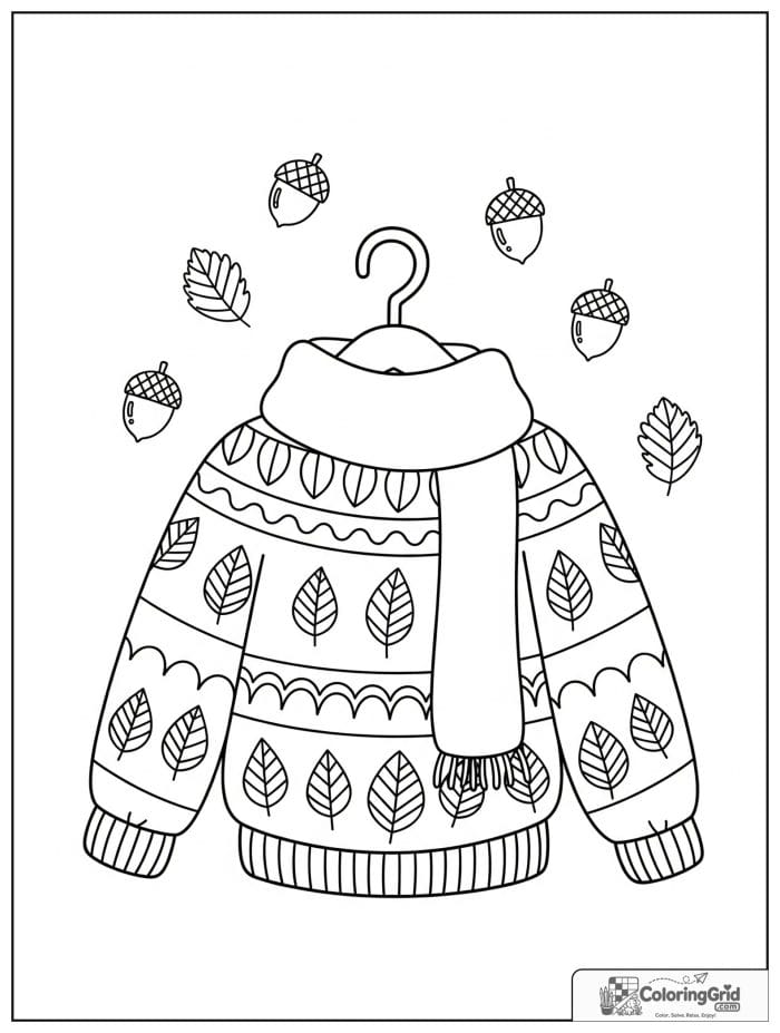 Fall Coloring Pages showing a cozy sweater with a leaf pattern.