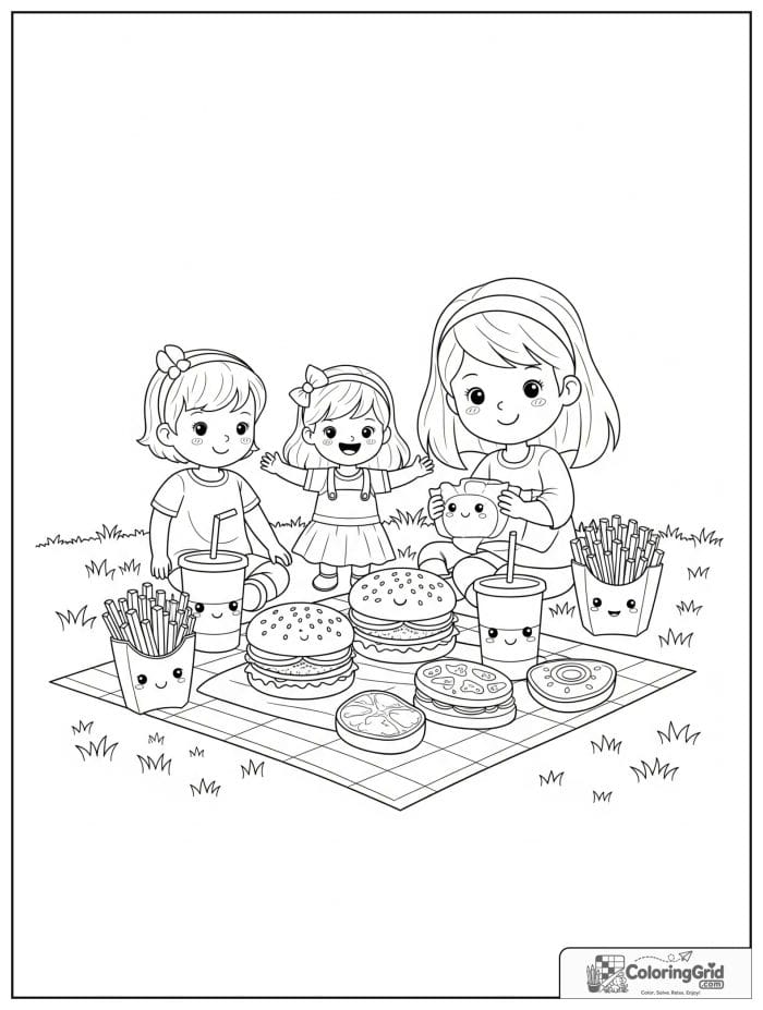 Family burger picnic for Hamburger Coloring Pages